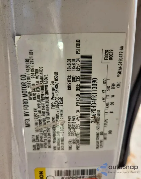 2015 Ford Fusion Se z USA, uszkodzony, nr VIN 3FA6P0HD4FR113090